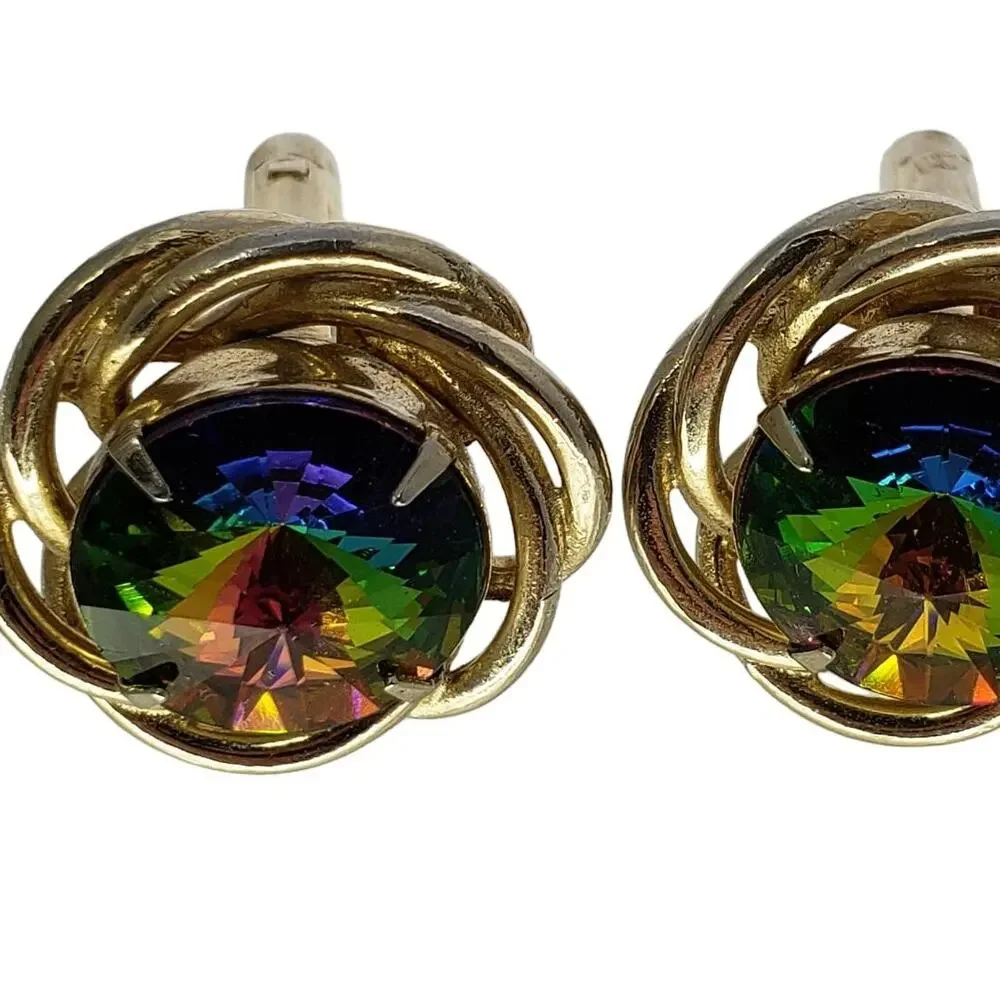 Green Watermelon Rivoli Cufflinks Dante Gold Tone Twisted Menswear 1960s MCM